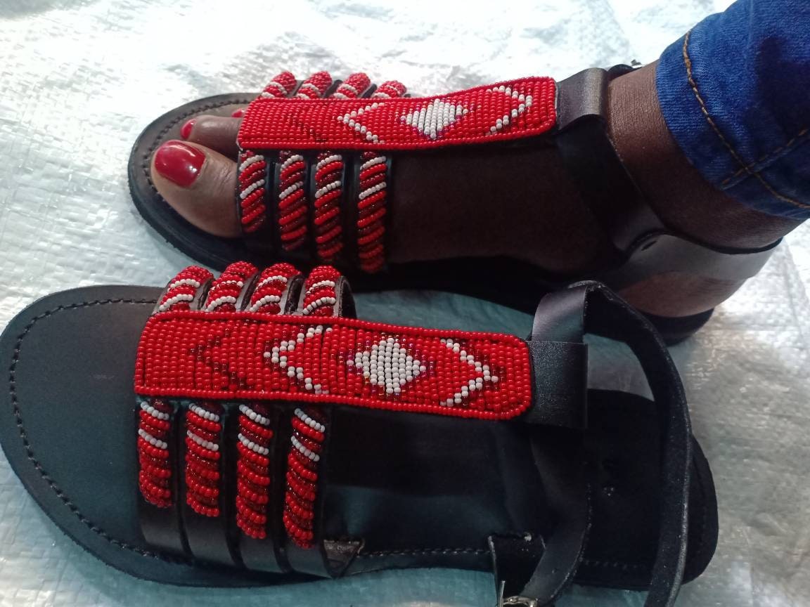 Handmade African Beaded Sandals/Authentic Maasai-Style Leather Flip-Flops Women/Boho Beach Sandals/Comfortable Summer Sandal African Gifts