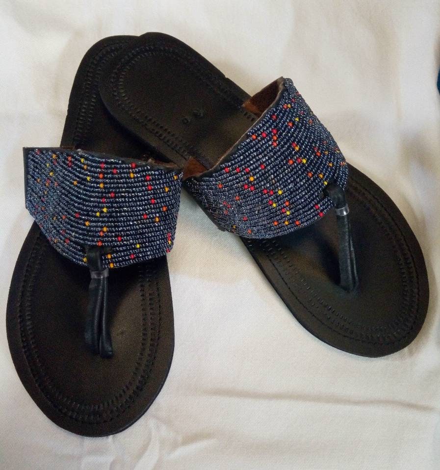 Handmade African Beaded Sandals/Authentic Maasai-Style Leather Flip-Flops Women/Boho Beach Sandals/Comfortable Summer Sandal African Gifts