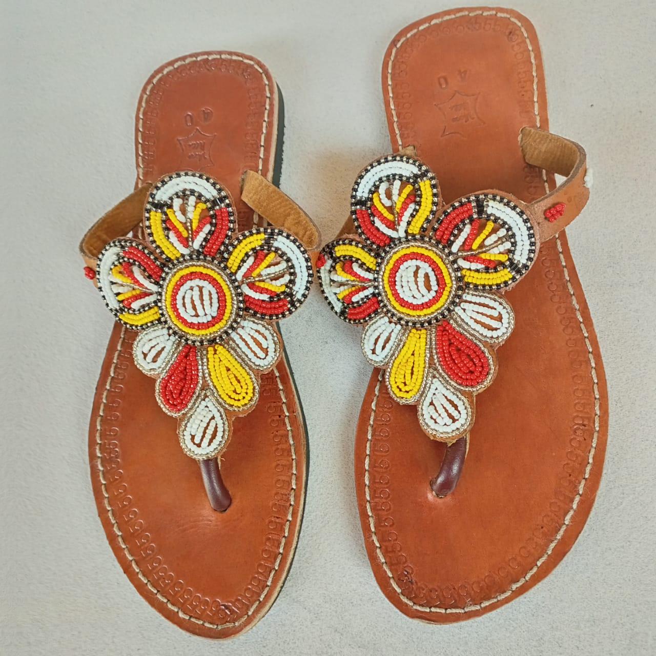 Handmade African Beaded Sandals/Authentic Maasai-Style Leather Flip-Flops Women/Boho Beach Sandals/Comfortable Summer Sandal African Gifts