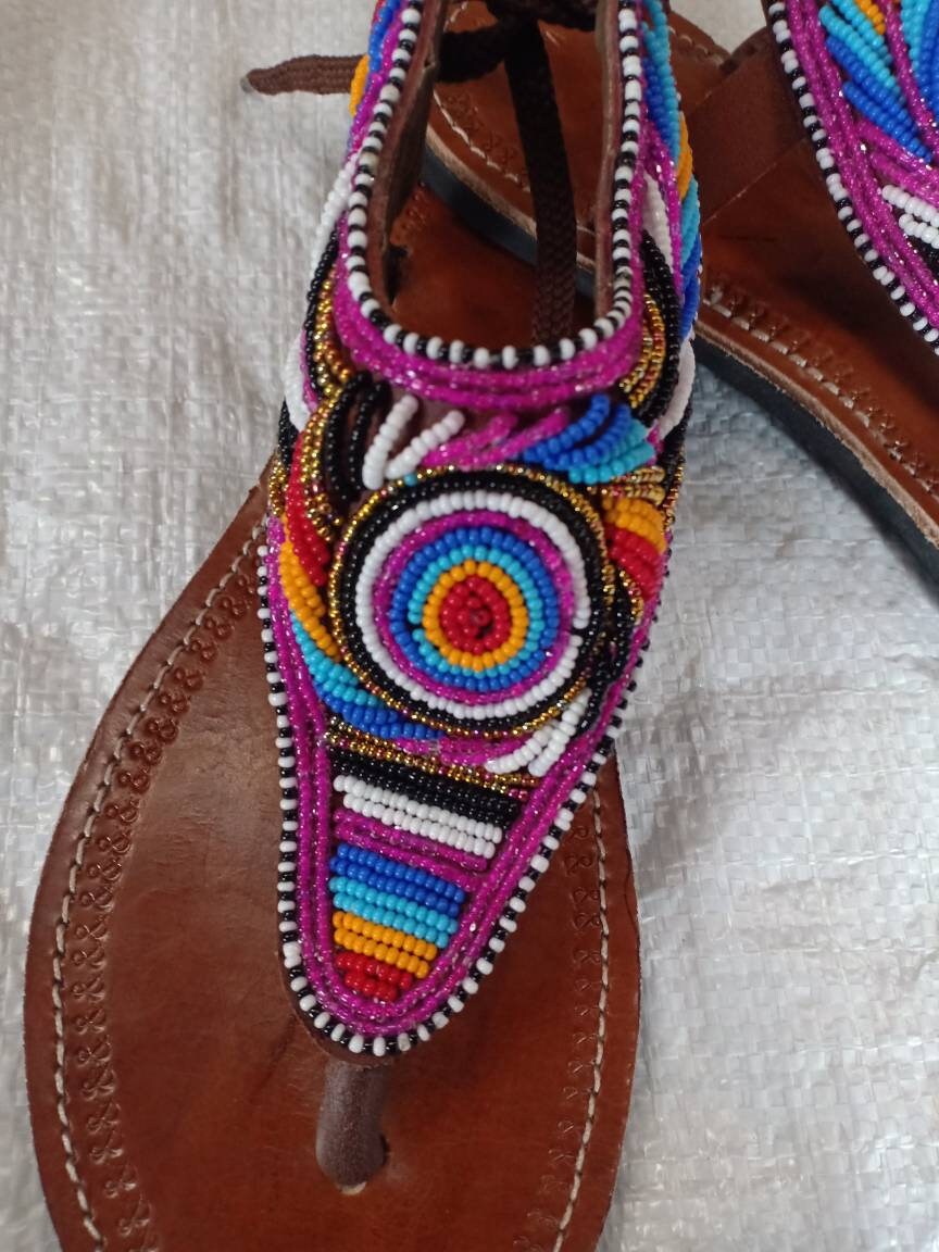 Handmade African Beaded Sandals/Authentic Maasai-Style Leather Flip-Flops Women/Boho Beach Sandals/Comfortable Summer Sandal African Gifts
