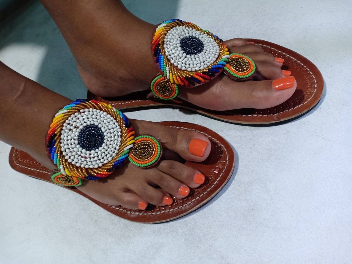 Handmade African Beaded Sandals/Authentic Maasai-Style Leather Flip-Flops Women/Boho Beach Sandals/Comfortable Summer Sandal African Gifts