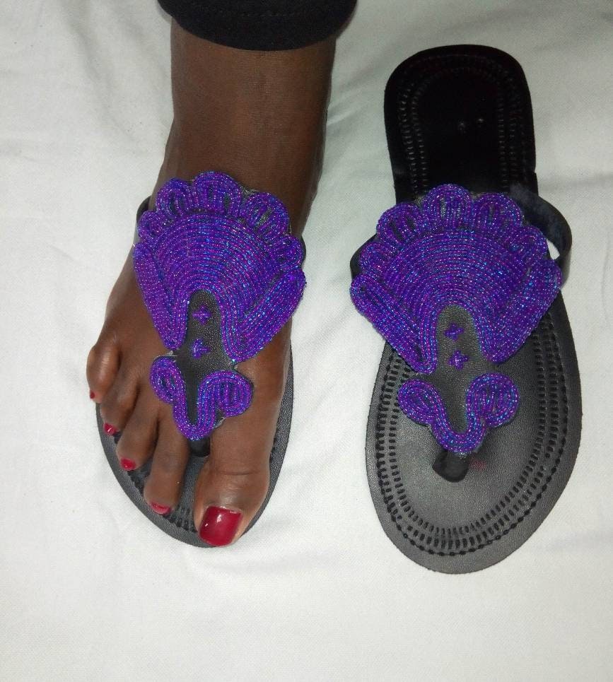 Handmade African Beaded Sandals/Authentic Maasai-Style Leather Flip-Flops Women/Boho Beach Sandals/Comfortable Summer Sandal African Gifts