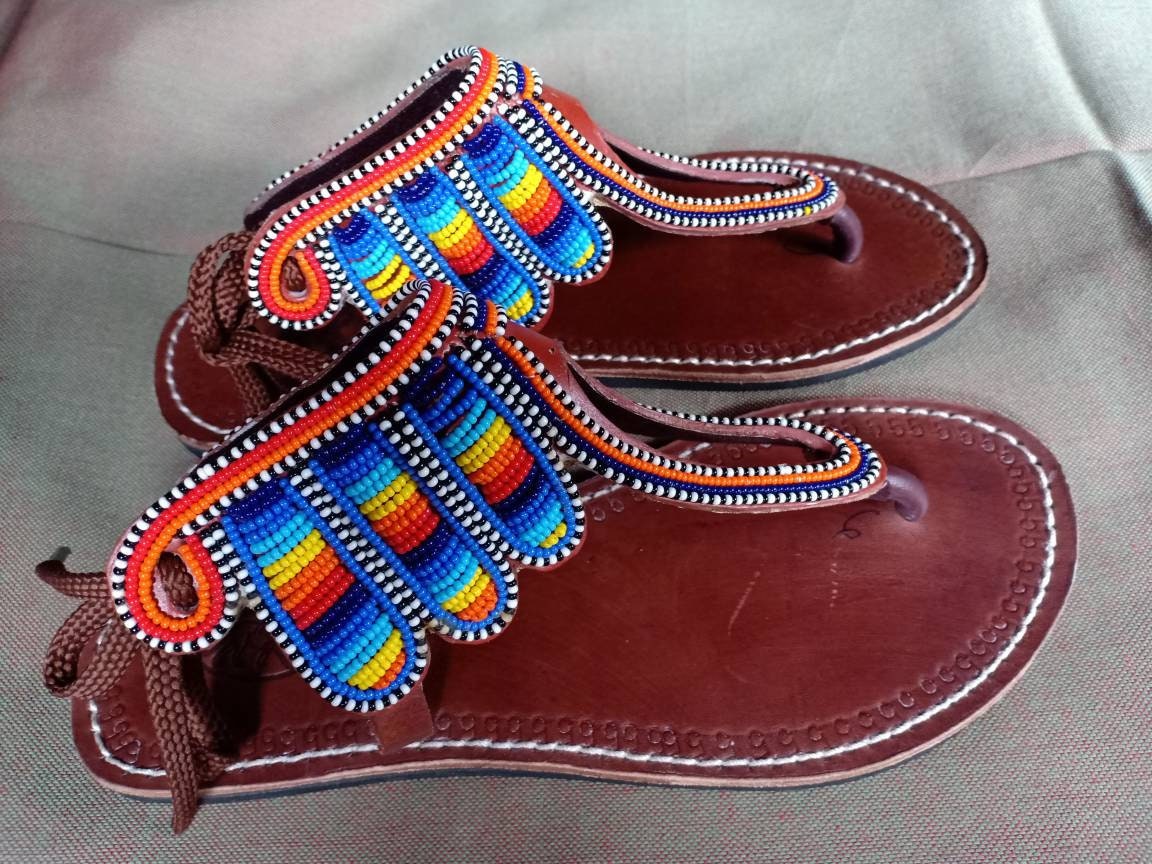 Handmade African Beaded Sandals/Authentic Maasai-Style Leather Flip-Flops Women/Boho Beach Sandals/Comfortable Summer Sandal African Gifts