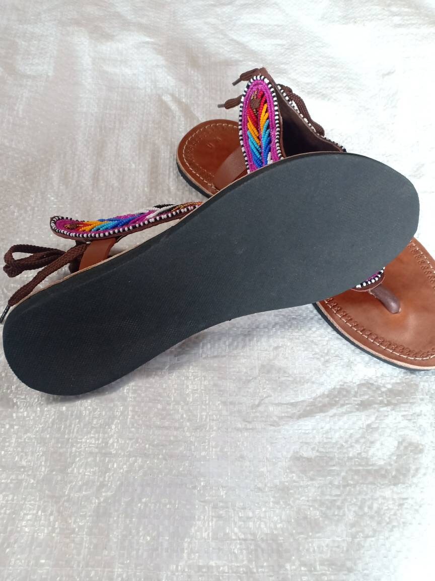 Handmade African Beaded Sandals/Authentic Maasai-Style Leather Flip-Flops Women/Boho Beach Sandals/Comfortable Summer Sandal African Gifts