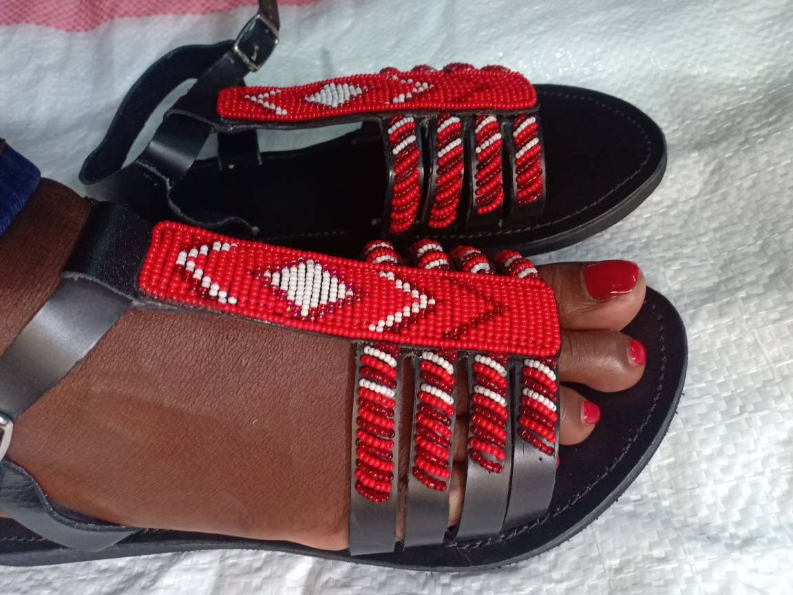 Handmade African Beaded Sandals/Authentic Maasai-Style Leather Flip-Flops Women/Boho Beach Sandals/Comfortable Summer Sandal African Gifts