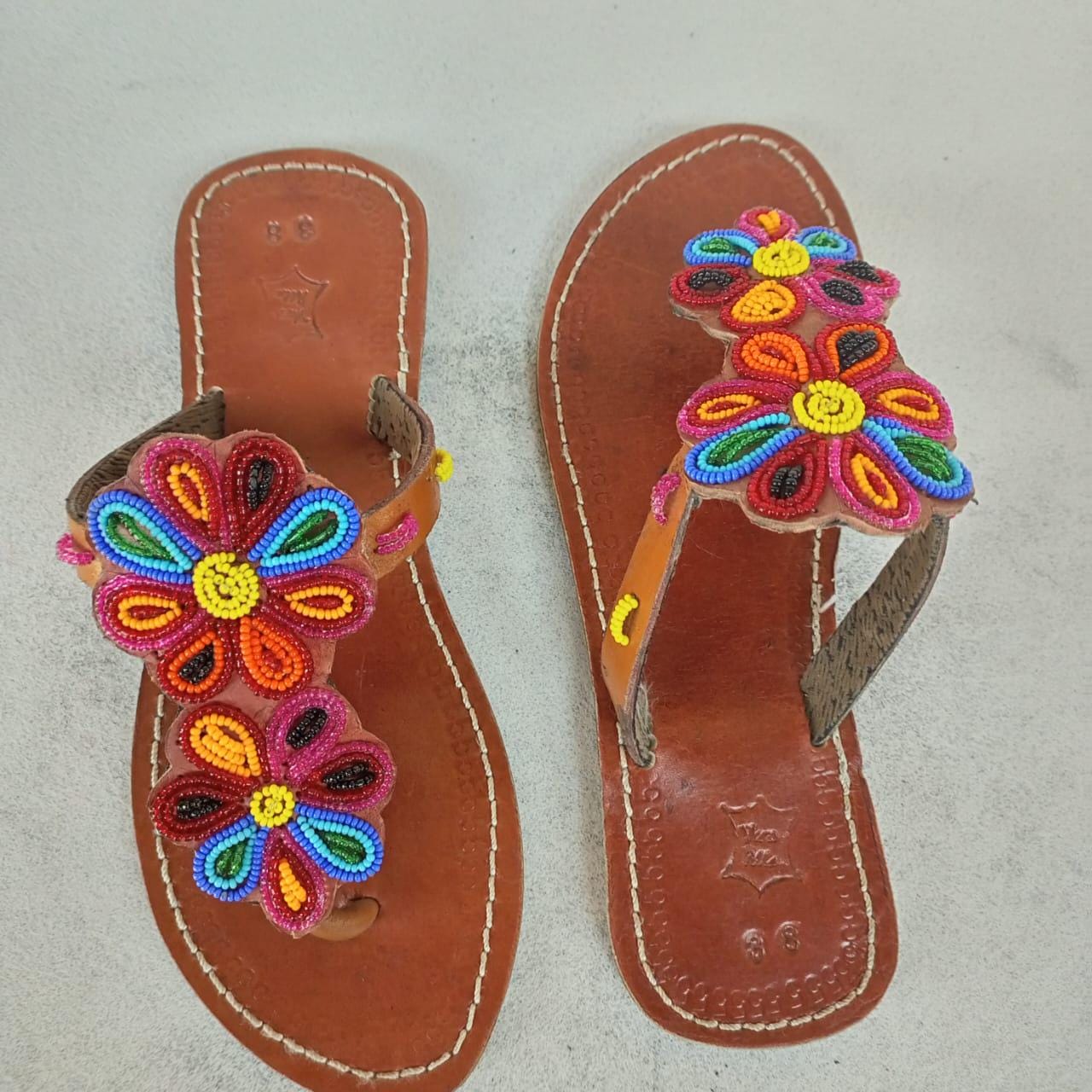 Handmade African Beaded Sandals/Authentic Maasai-Style Leather Flip-Flops Women/Boho Beach Sandals/Comfortable Summer Sandal African Gifts