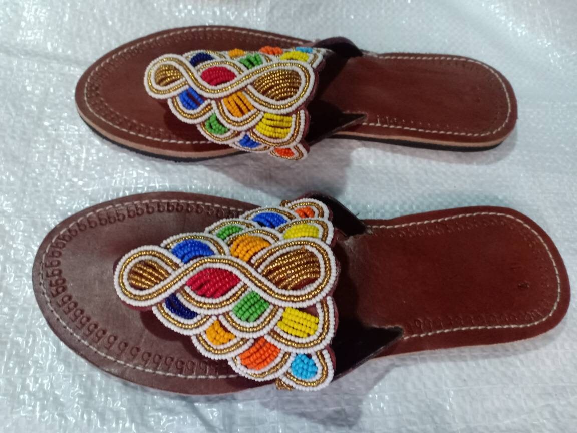 Handmade African Beaded Sandals/Authentic Maasai-Style Leather Flip-Flops Women/Boho Beach Sandals/Comfortable Summer Sandal African Gifts