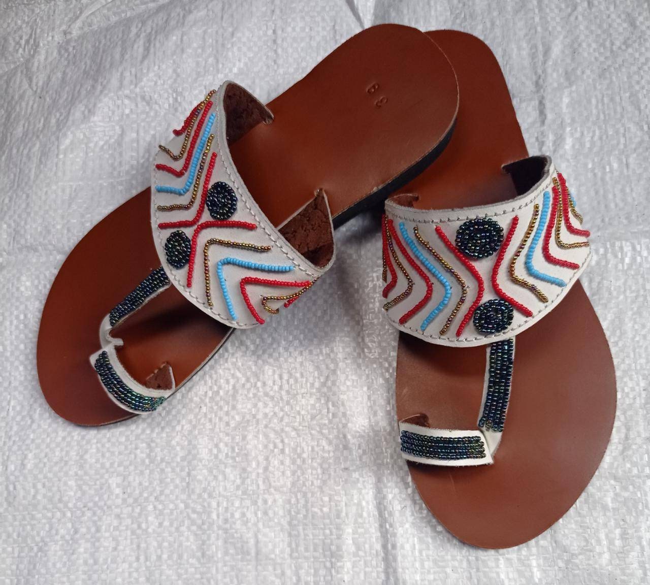 Handmade African Beaded Sandals/Authentic Maasai-Style Leather Flip-Flops Women/Boho Beach Sandals/Comfortable Summer Sandal African Gifts