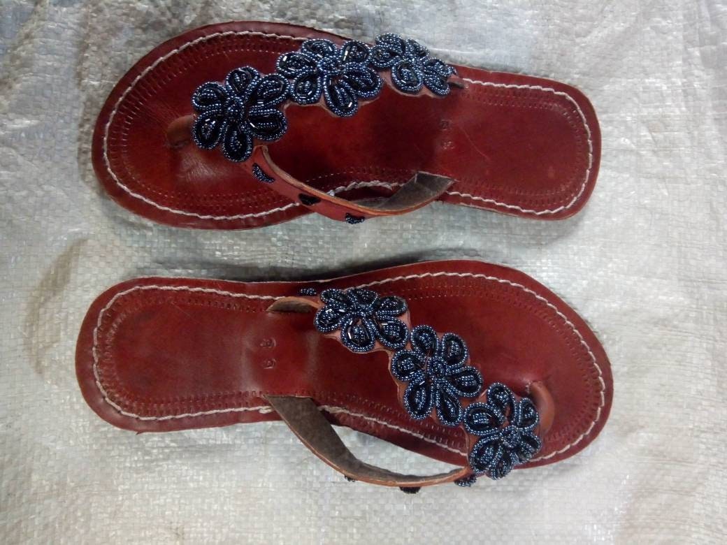 Handmade African Beaded Sandals/Authentic Maasai-Style Leather Flip-Flops Women/Boho Beach Sandals/Comfortable Summer Sandal African Gifts