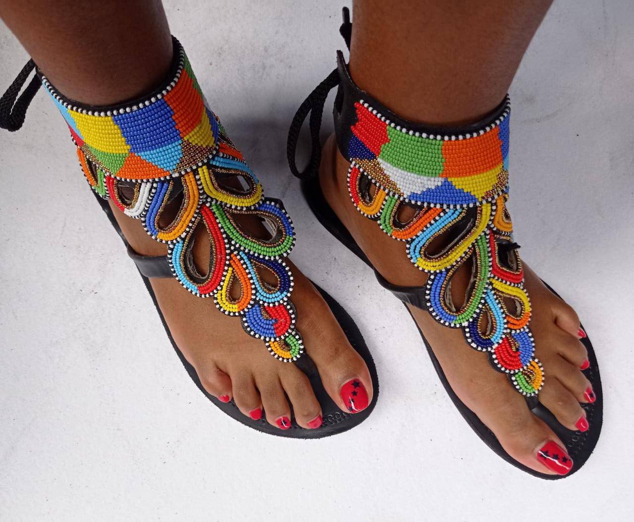Handmade African Beaded Sandals/Authentic Maasai-Style Leather Flip-Flops Women/Boho Beach Sandals/Comfortable Summer Sandal African Gifts