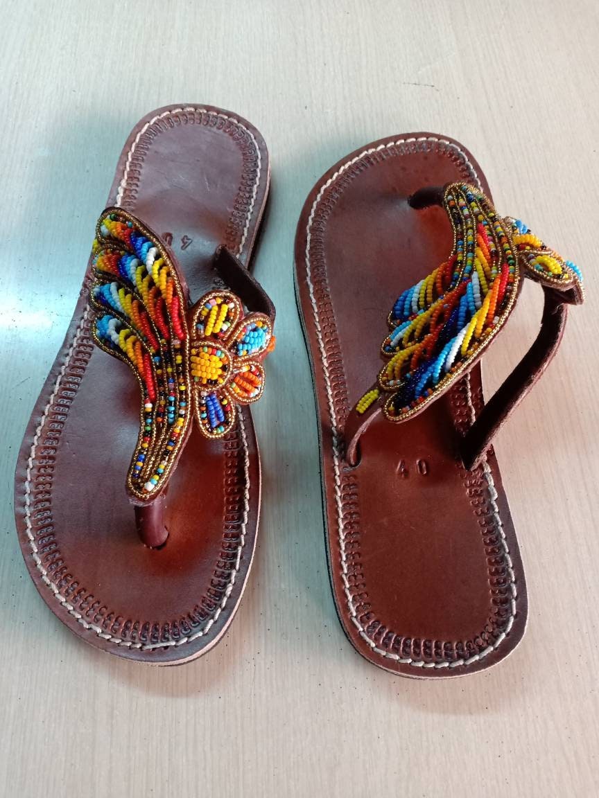 Handmade African Beaded Sandals/Authentic Maasai-Style Leather Flip-Flops Women/Boho Beach Sandals/Comfortable Summer Sandal African Gifts