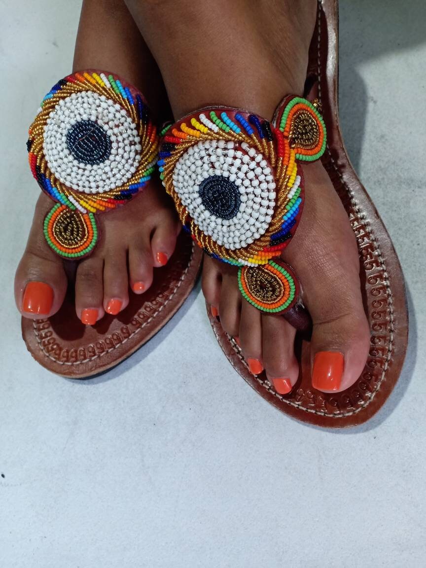 Handmade African Beaded Sandals/Authentic Maasai-Style Leather Flip-Flops Women/Boho Beach Sandals/Comfortable Summer Sandal African Gifts