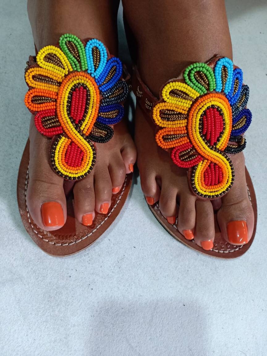 Handmade African Beaded Sandals/Authentic Maasai-Style Leather Flip-Flops Women/Boho Beach Sandals/Comfortable Summer Sandal African Gifts