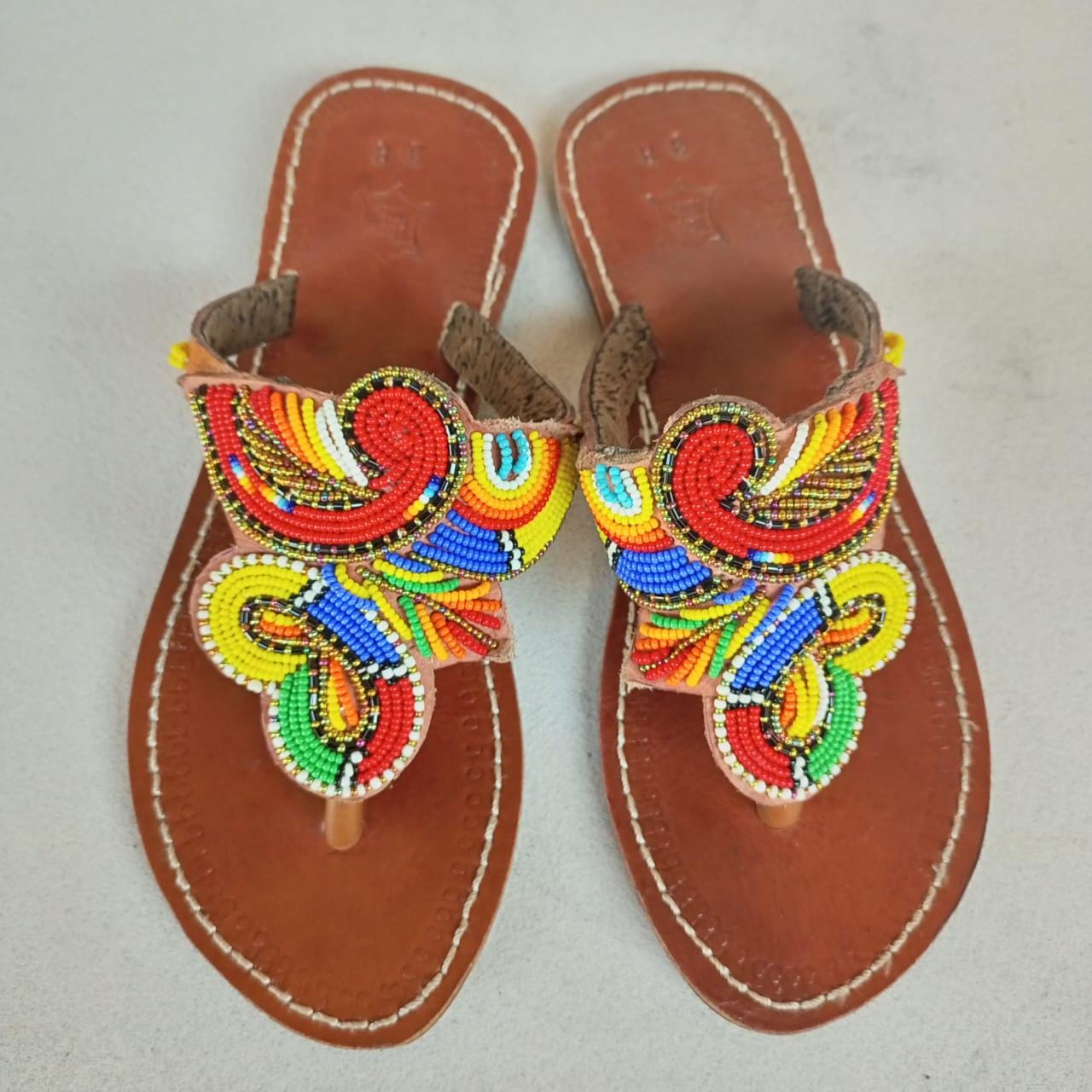 Handmade African Beaded Sandals/Authentic Maasai-Style Leather Flip-Flops Women/Boho Beach Sandals/Comfortable Summer Sandal African Gifts