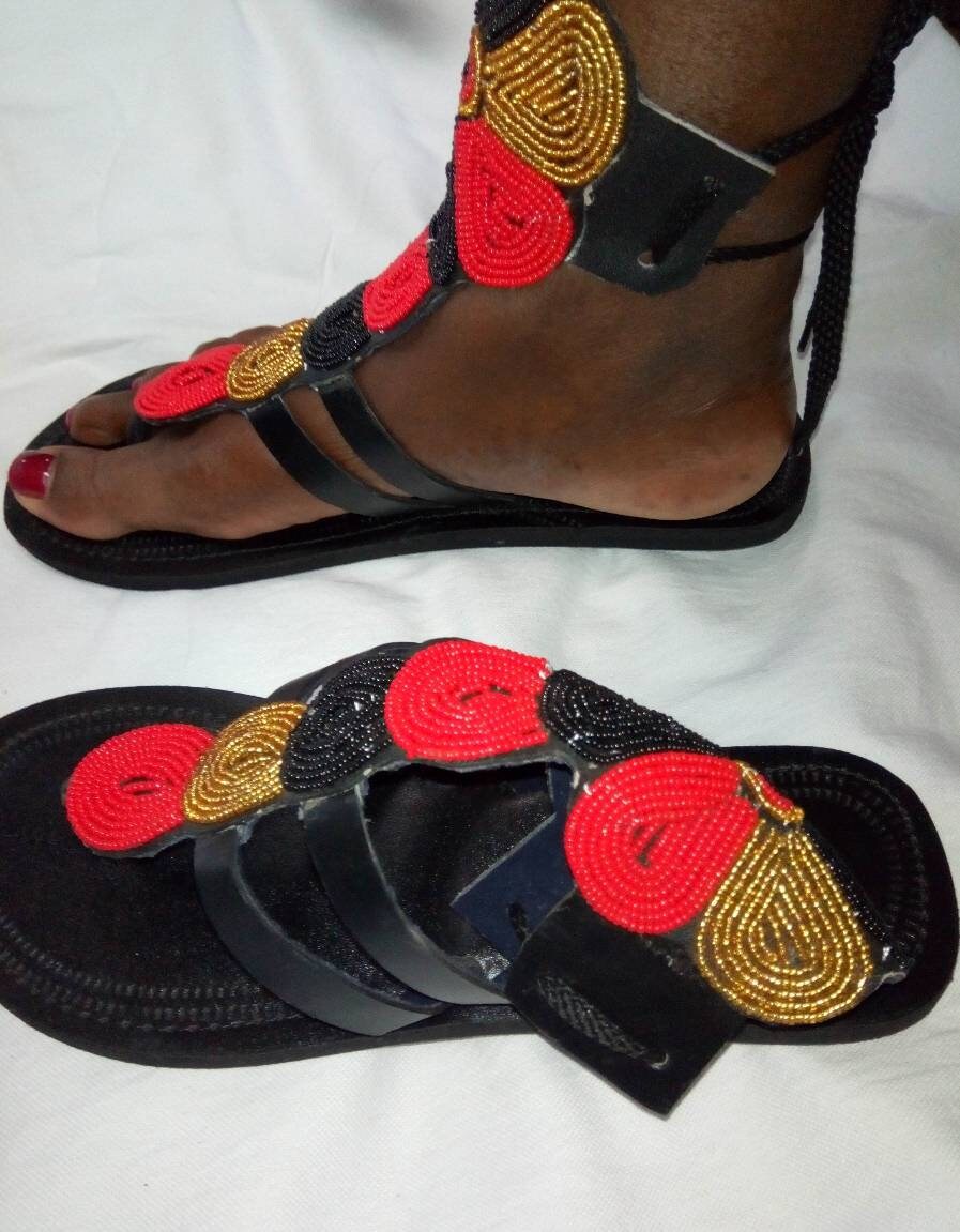 Handmade African Beaded Sandals/Authentic Maasai-Style Leather Flip-Flops Women/Boho Beach Sandals/Comfortable Summer Sandal African Gifts