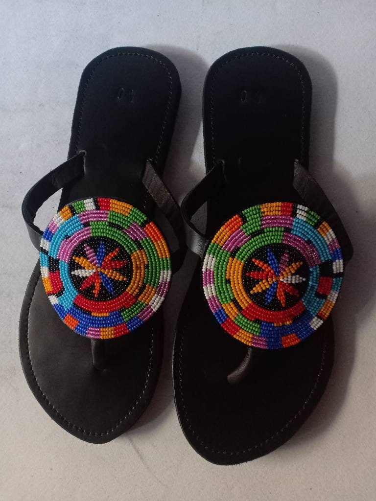 Handmade African Beaded Sandals/Authentic Maasai-Style Leather Flip-Flops Women/Boho Beach Sandals/Comfortable Summer Sandal African Gifts