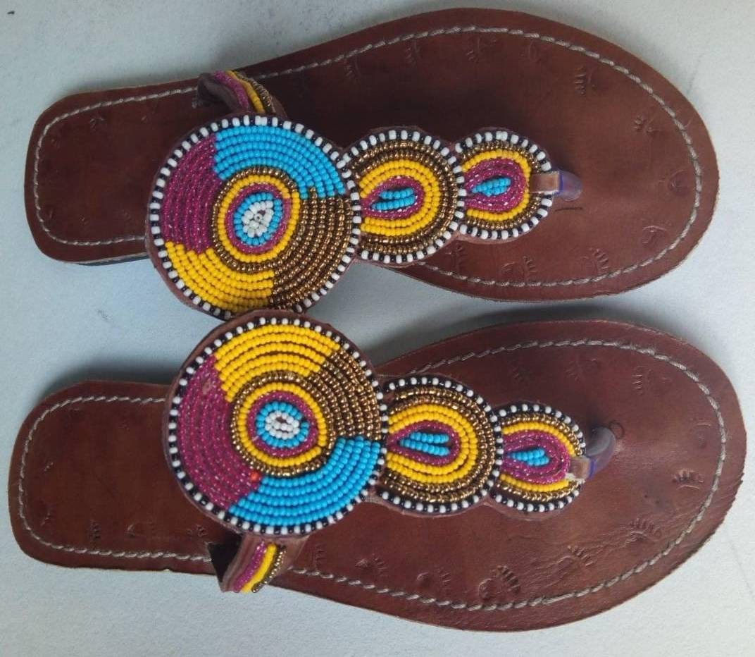 Handmade African Beaded Sandals/Authentic Maasai-Style Leather Flip-Flops Women/Boho Beach Sandals/Comfortable Summer Sandal African Gifts