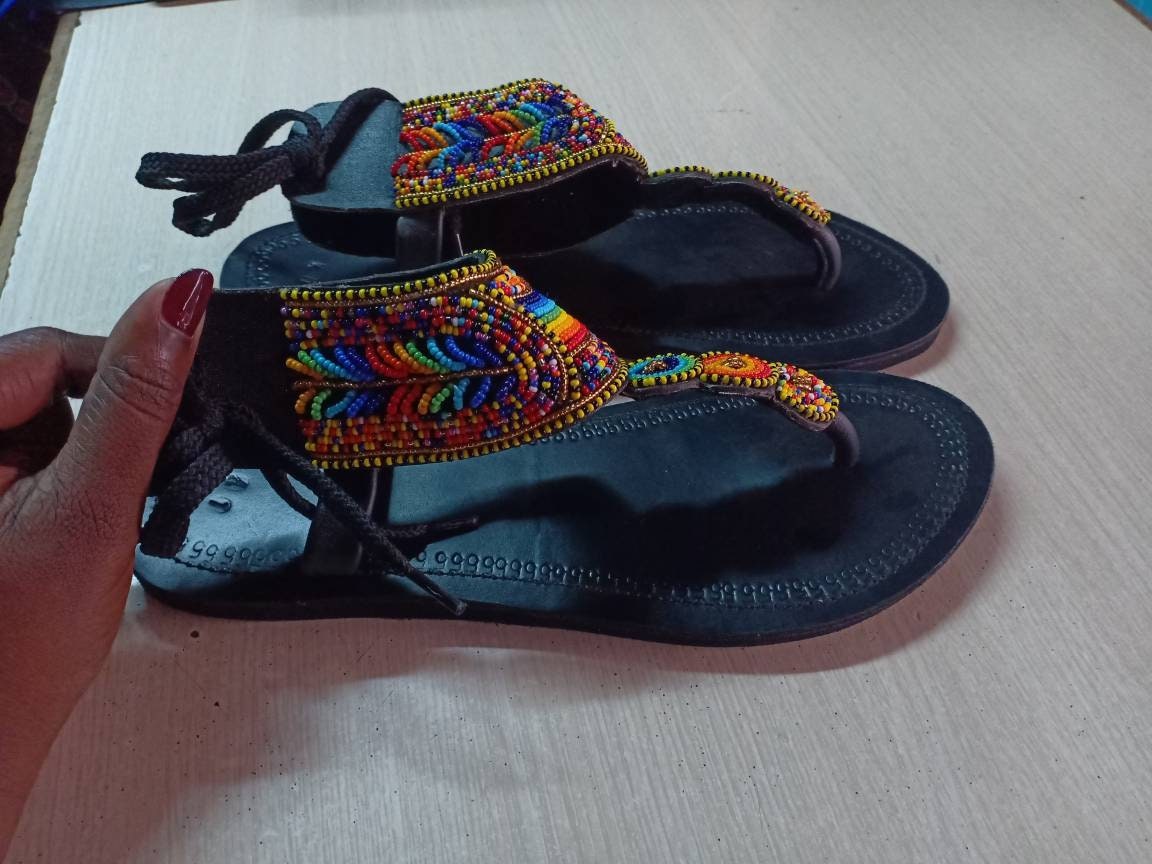 Handmade African Beaded Sandals/Authentic Maasai-Style Leather Flip-Flops Women/Boho Beach Sandals/Comfortable Summer Sandal African Gifts