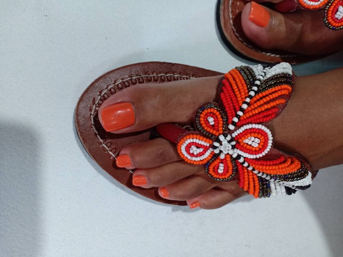 Handmade African Beaded Sandals/Authentic Maasai-Style Leather Flip-Flops Women/Boho Beach Sandals/Comfortable Summer Sandal African Gifts