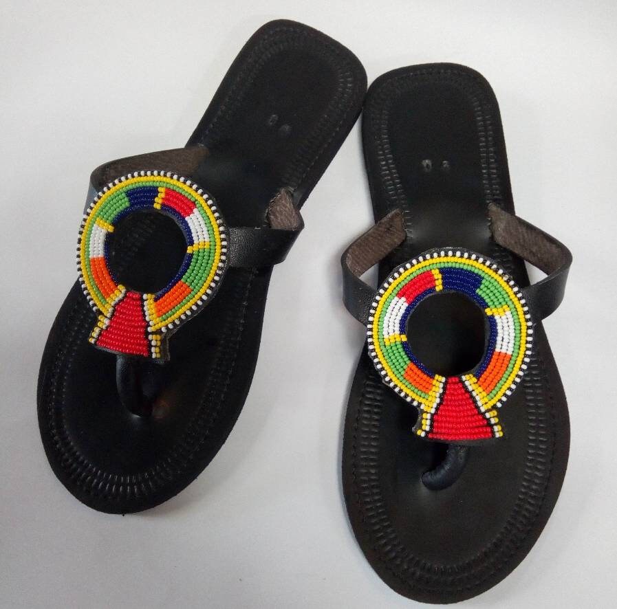 Handmade African Beaded Sandals/Authentic Maasai-Style Leather Flip-Flops Women/Boho Beach Sandals/Comfortable Summer Sandal African Gifts