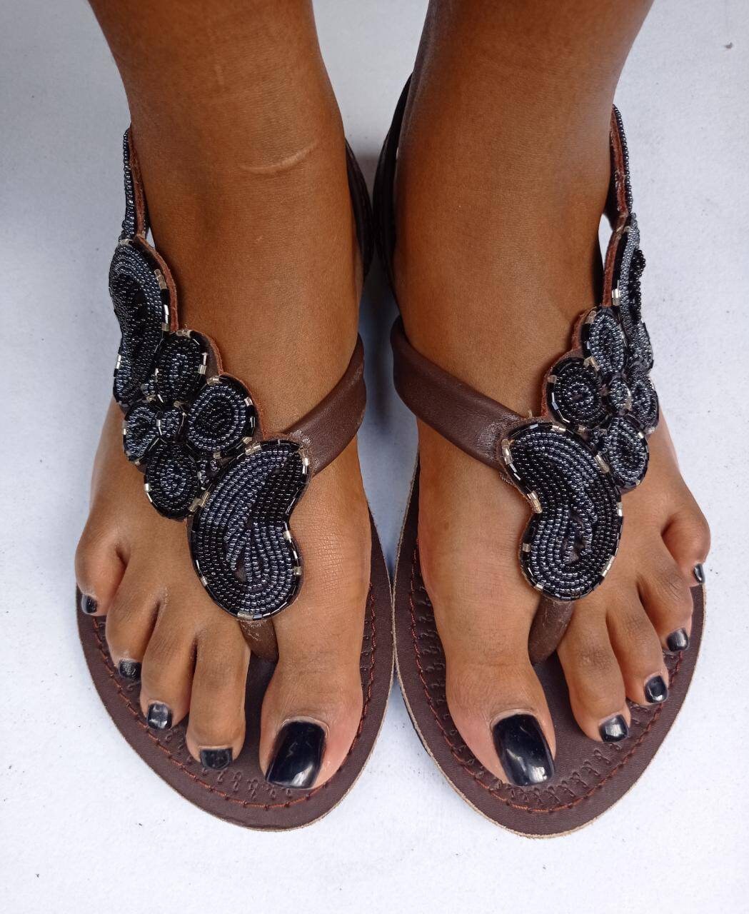 Handmade African Beaded Sandals/Authentic Maasai-Style Leather Flip-Flops Women/Boho Beach Sandals/Comfortable Summer Sandal African Gifts