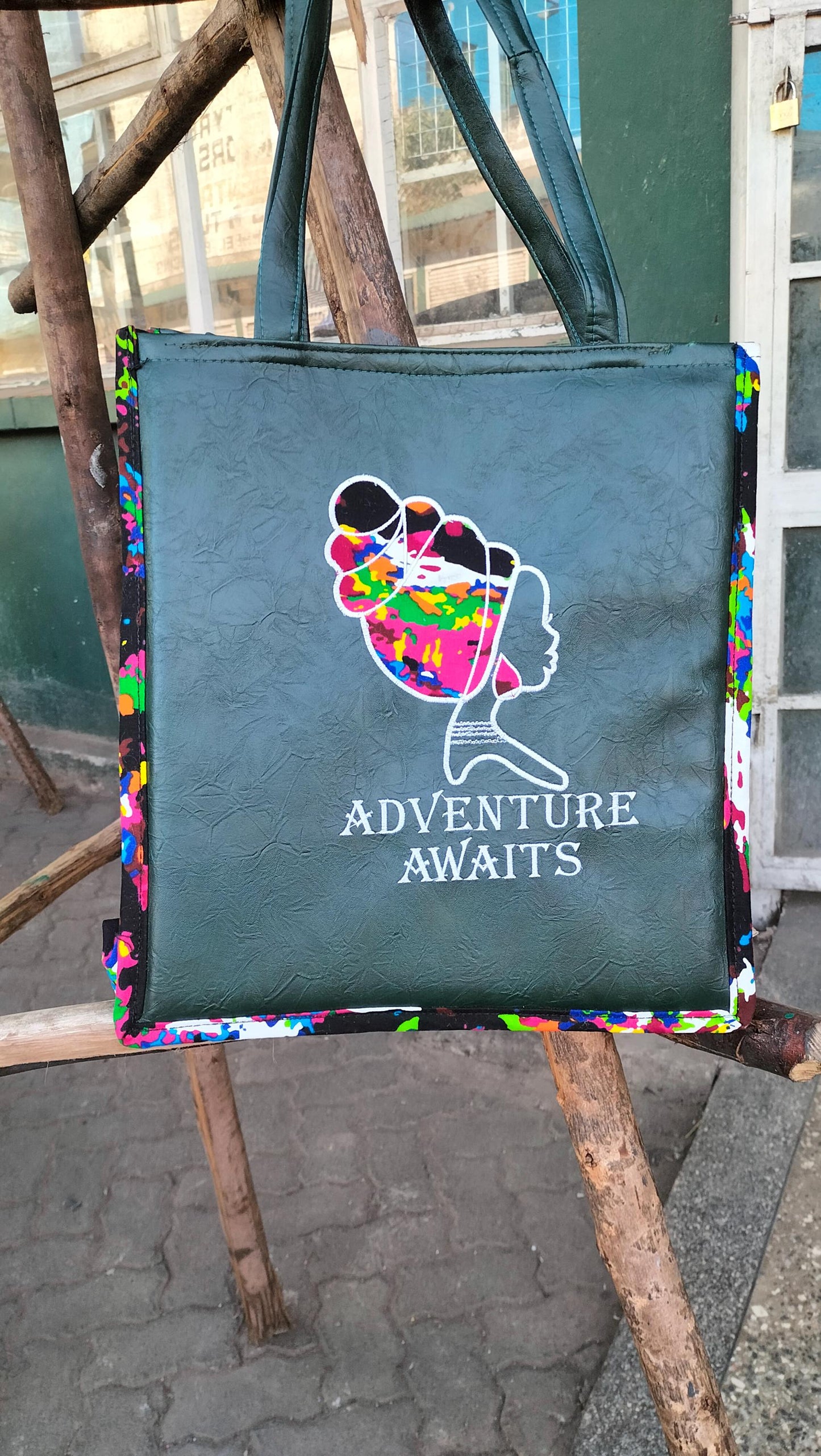 Adventure awaits tote,African Leather Tote bag, handcrafted laptop bag,Black woman modern African tote bag, Stylish tote bag,Brown girl bag.