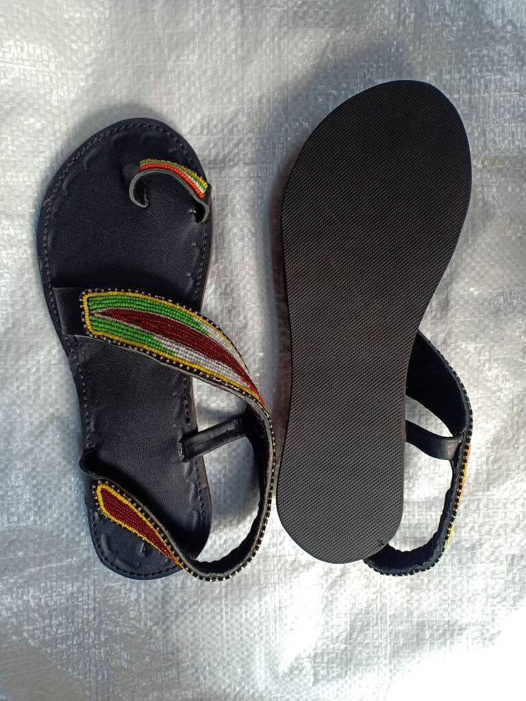 Handmade African Beaded Sandals/Authentic Maasai-Style Leather Flip-Flops Women/Boho Beach Sandals/Comfortable Summer Sandal African Gifts