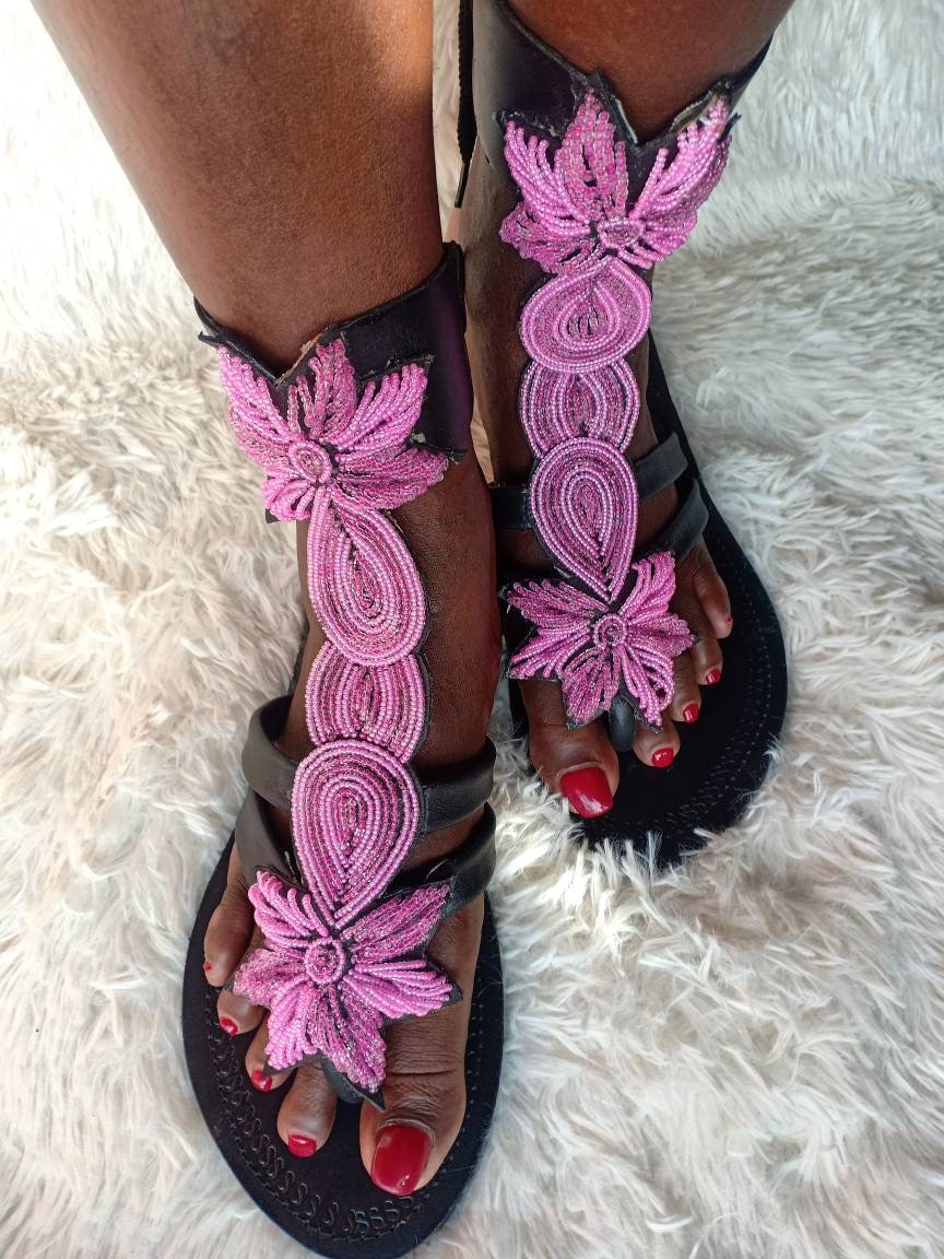 Handmade African Beaded Sandals/Authentic Maasai-Style Leather Flip-Flops Women/Boho Beach Sandals/Comfortable Summer Sandal African Gifts