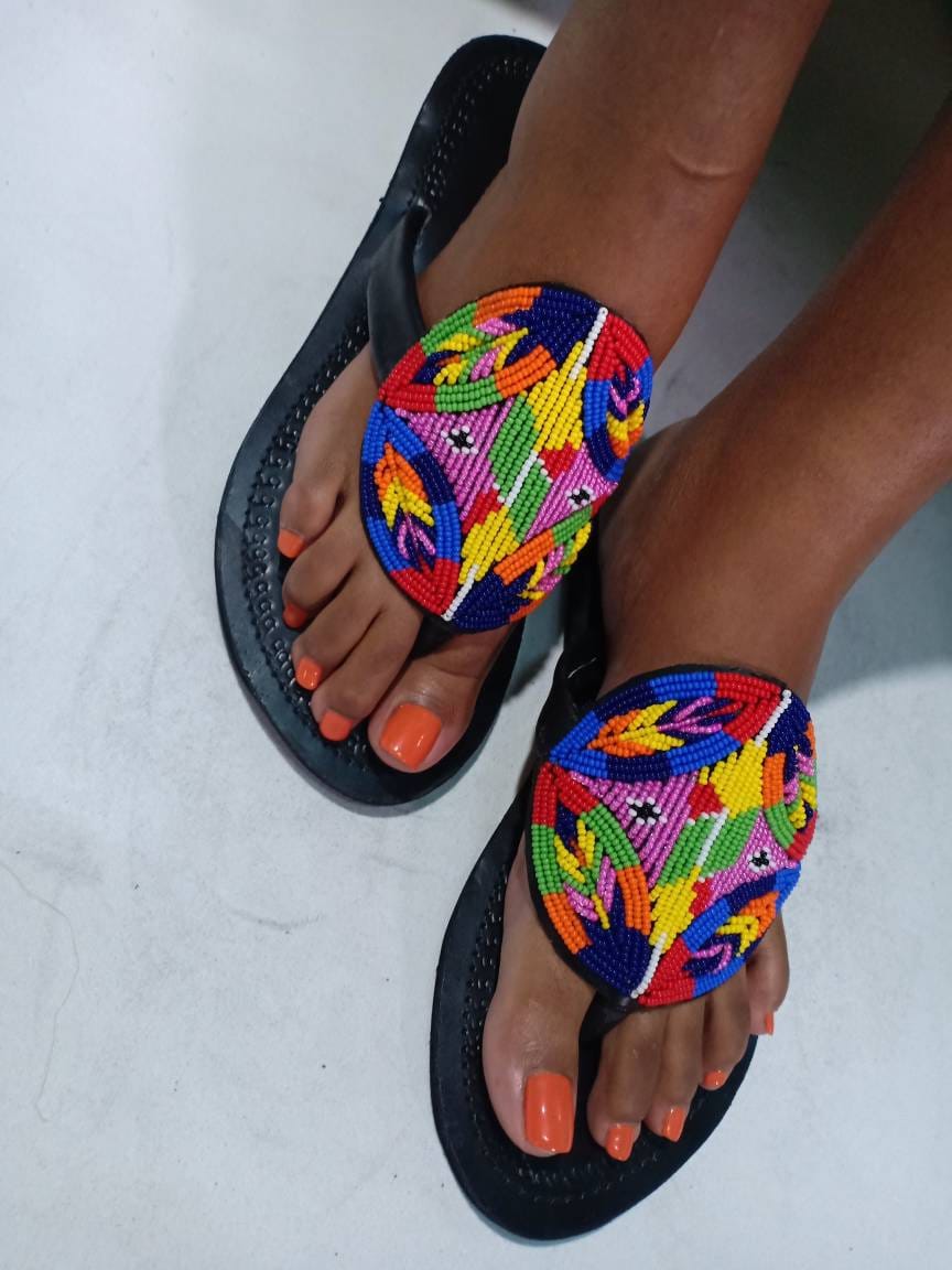 Handmade African Beaded Sandals/Authentic Maasai-Style Leather Flip-Flops Women/Boho Beach Sandals/Comfortable Summer Sandal African Gifts