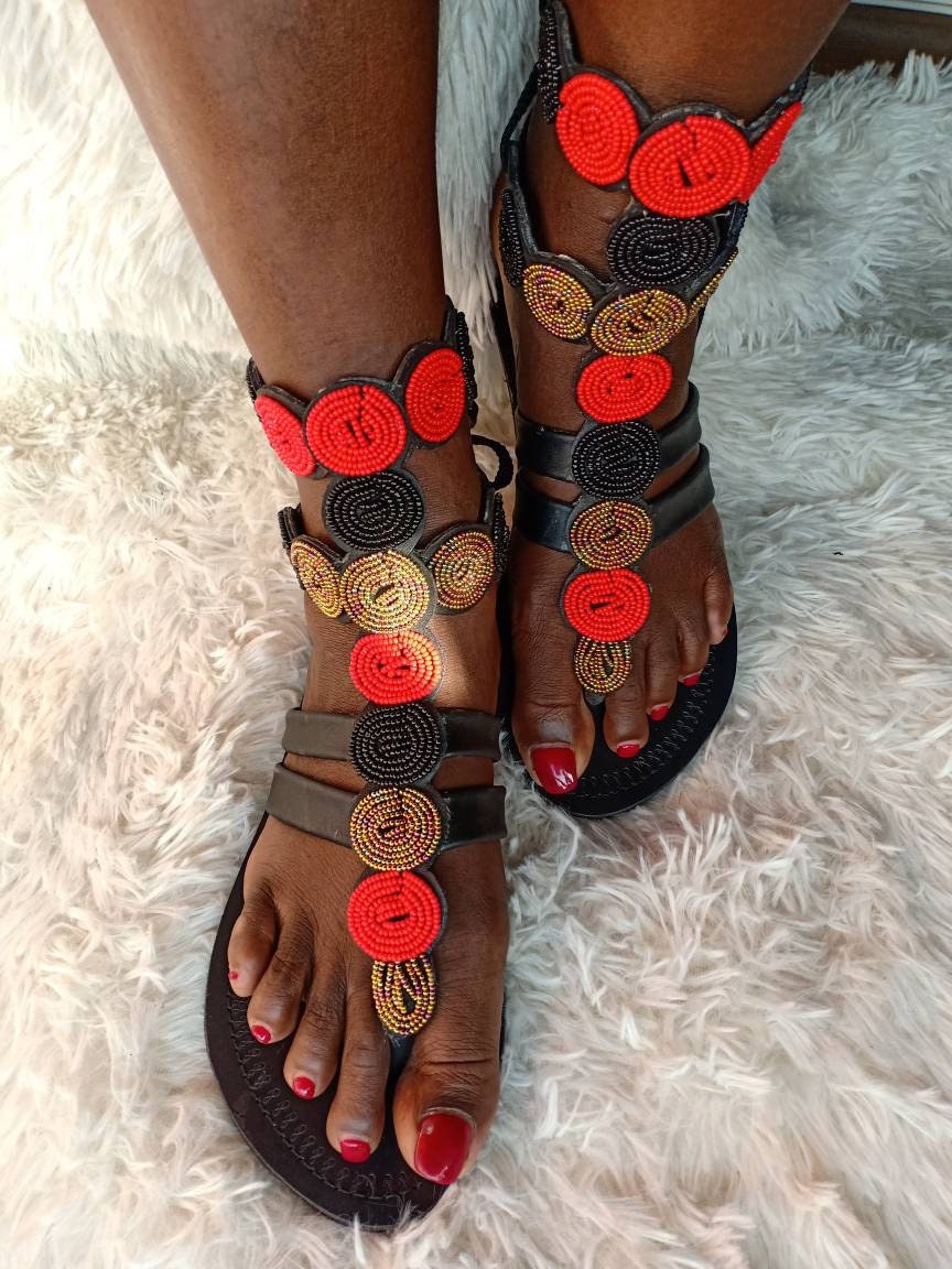 Handmade African Beaded Sandals/Authentic Maasai-Style Leather Flip-Flops Women/Boho Beach Sandals/Comfortable Summer Sandal African Gifts