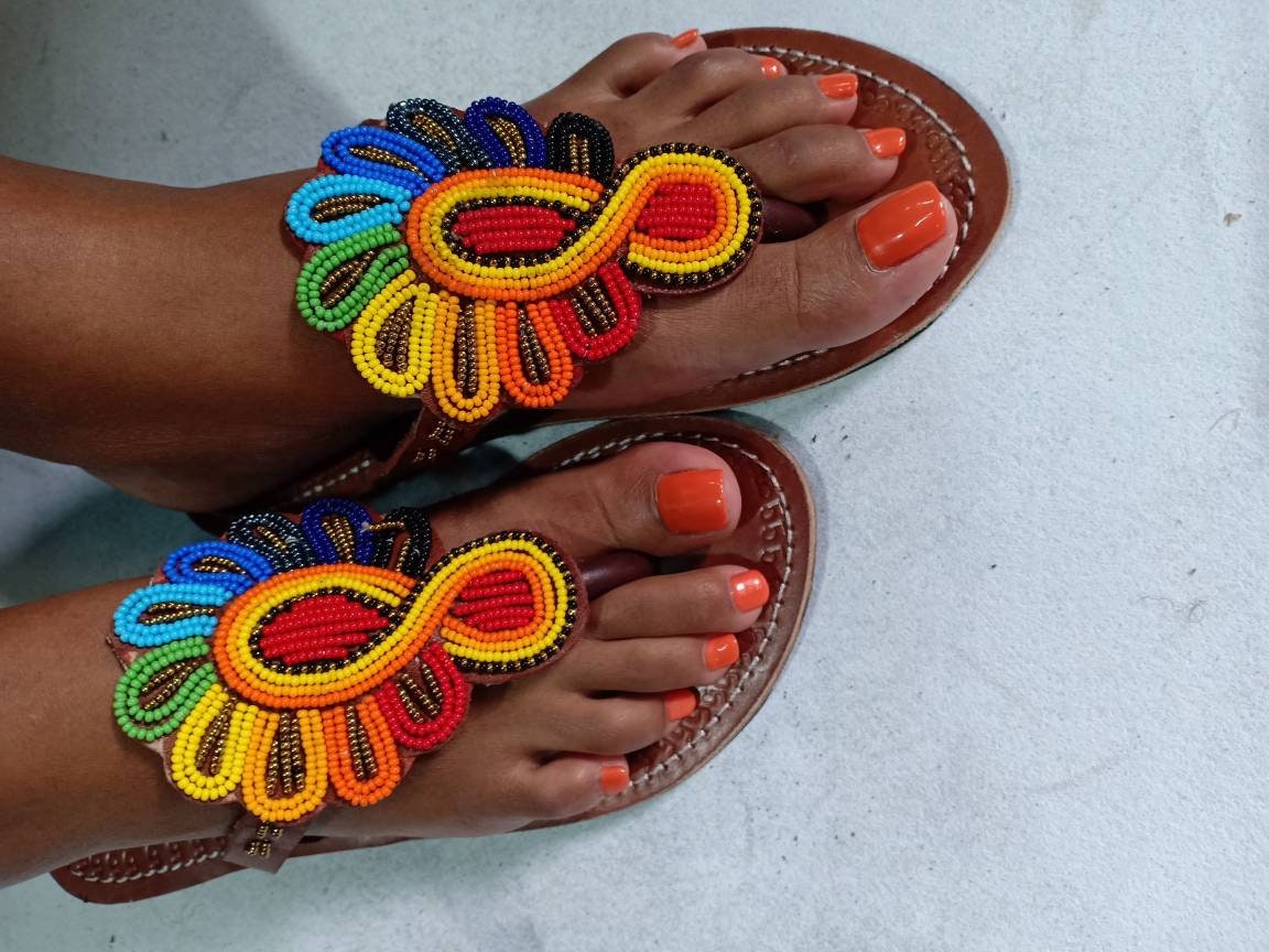 Handmade African Beaded Sandals/Authentic Maasai-Style Leather Flip-Flops Women/Boho Beach Sandals/Comfortable Summer Sandal African Gifts