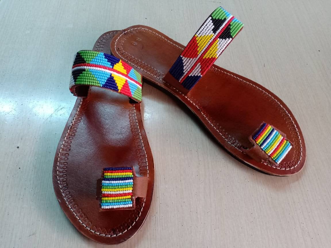 Handmade African Beaded Sandals/Authentic Maasai-Style Leather Flip-Flops Women/Boho Beach Sandals/Comfortable Summer Sandal African Gifts