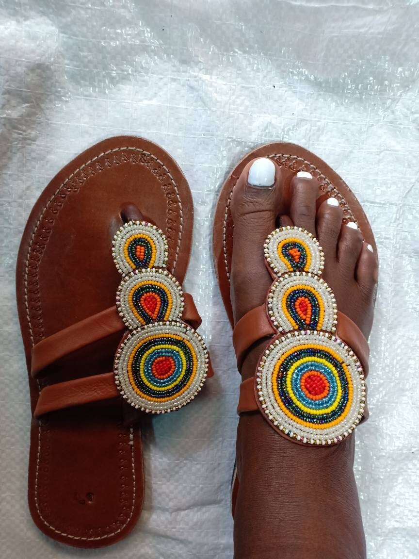 Handmade African Beaded Sandals/Authentic Maasai-Style Leather Flip-Flops Women/Boho Beach Sandals/Comfortable Summer Sandal African Gifts