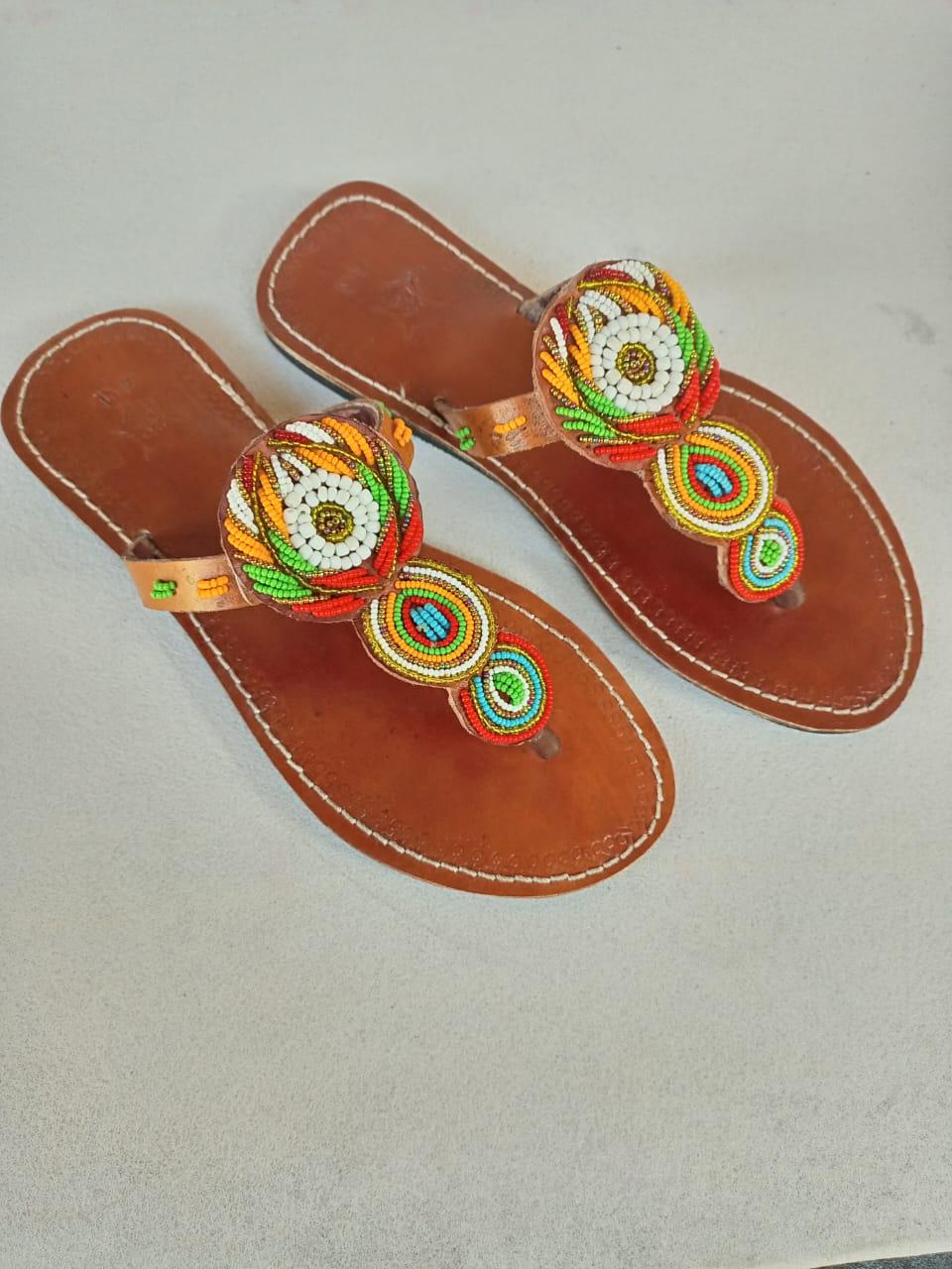 Handmade African Beaded Sandals/Authentic Maasai-Style Leather Flip-Flops Women/Boho Beach Sandals/Comfortable Summer Sandal African Gifts