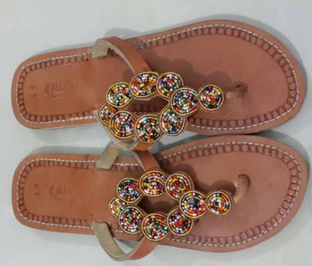 Handmade African Beaded Sandals/Authentic Maasai-Style Leather Flip-Flops Women/Boho Beach Sandals/Comfortable Summer Sandal African Gifts