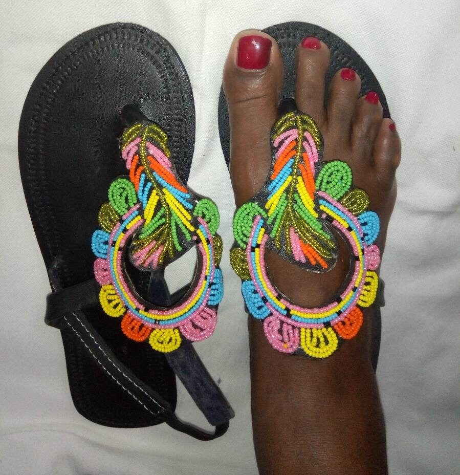 Handmade African Beaded Sandals/Authentic Maasai-Style Leather Flip-Flops Women/Boho Beach Sandals/Comfortable Summer Sandal African Gifts