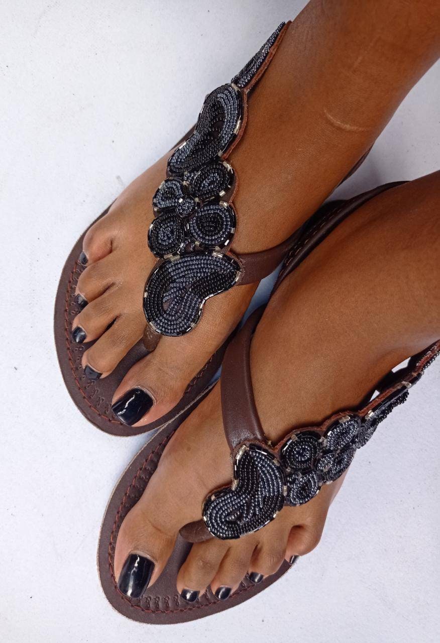 Handmade African Beaded Sandals/Authentic Maasai-Style Leather Flip-Flops Women/Boho Beach Sandals/Comfortable Summer Sandal African Gifts