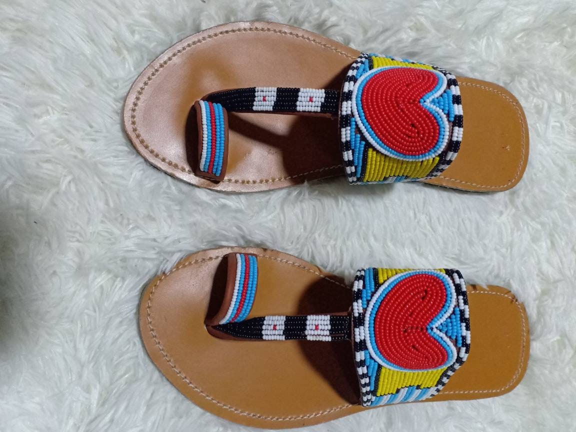 Handmade African Beaded Sandals/Authentic Maasai-Style Leather Flip-Flops Women/Boho Beach Sandals/Comfortable Summer Sandal African Gifts