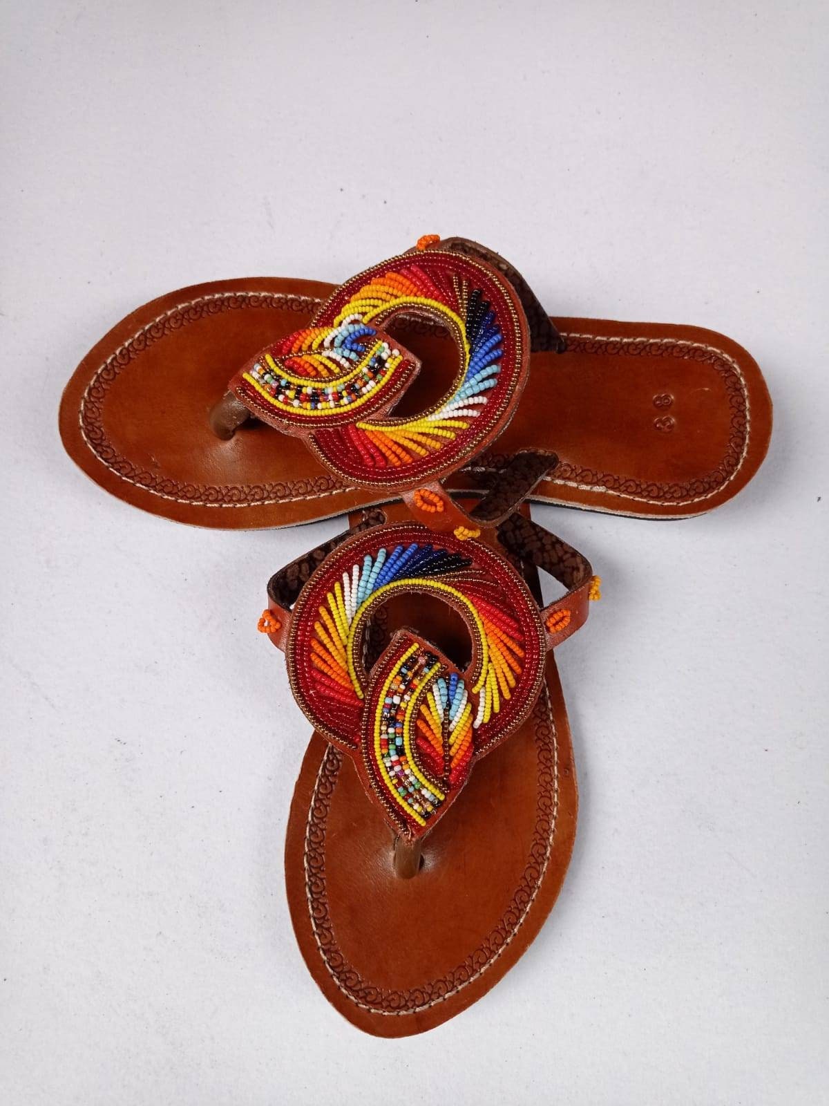 Handmade African Beaded Sandals/Authentic Maasai-Style Leather Flip-Flops Women/Boho Beach Sandals/Comfortable Summer Sandal African Gifts