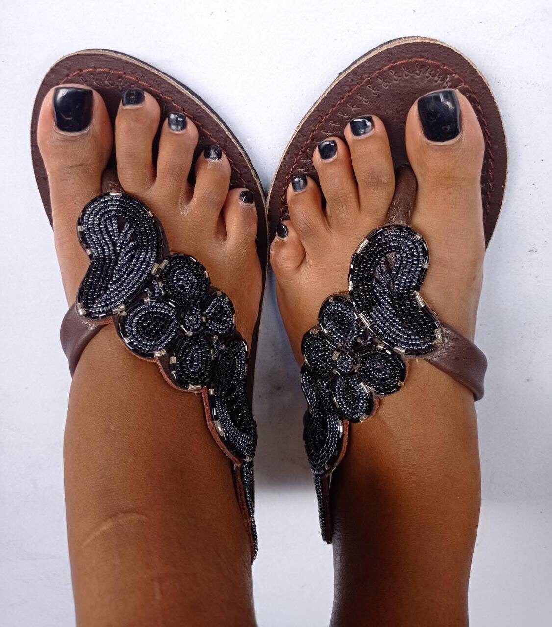 Handmade African Beaded Sandals/Authentic Maasai-Style Leather Flip-Flops Women/Boho Beach Sandals/Comfortable Summer Sandal African Gifts