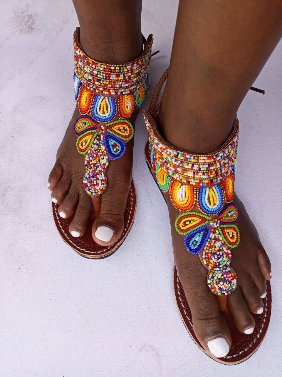 Handmade African Beaded Sandals/Authentic Maasai-Style Leather Flip-Flops Women/Boho Beach Sandals/Comfortable Summer Sandal African Gifts