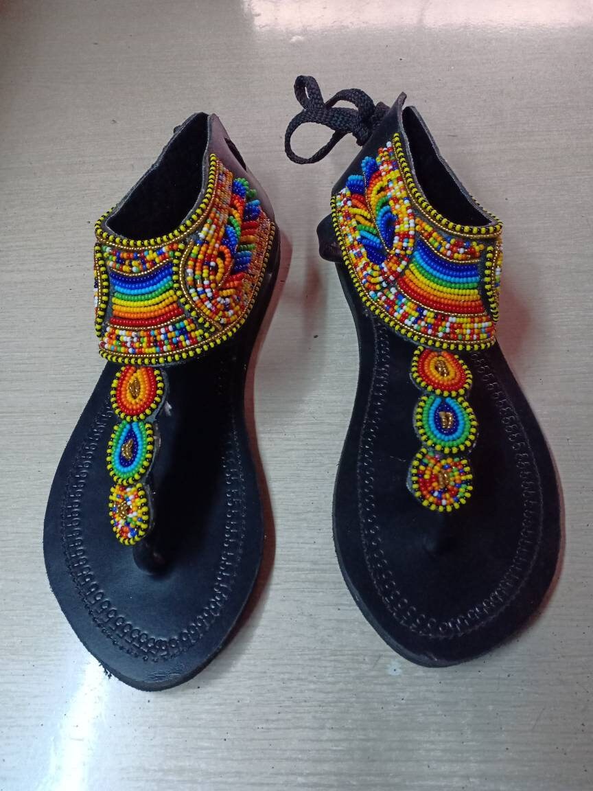 Handmade African Beaded Sandals/Authentic Maasai-Style Leather Flip-Flops Women/Boho Beach Sandals/Comfortable Summer Sandal African Gifts