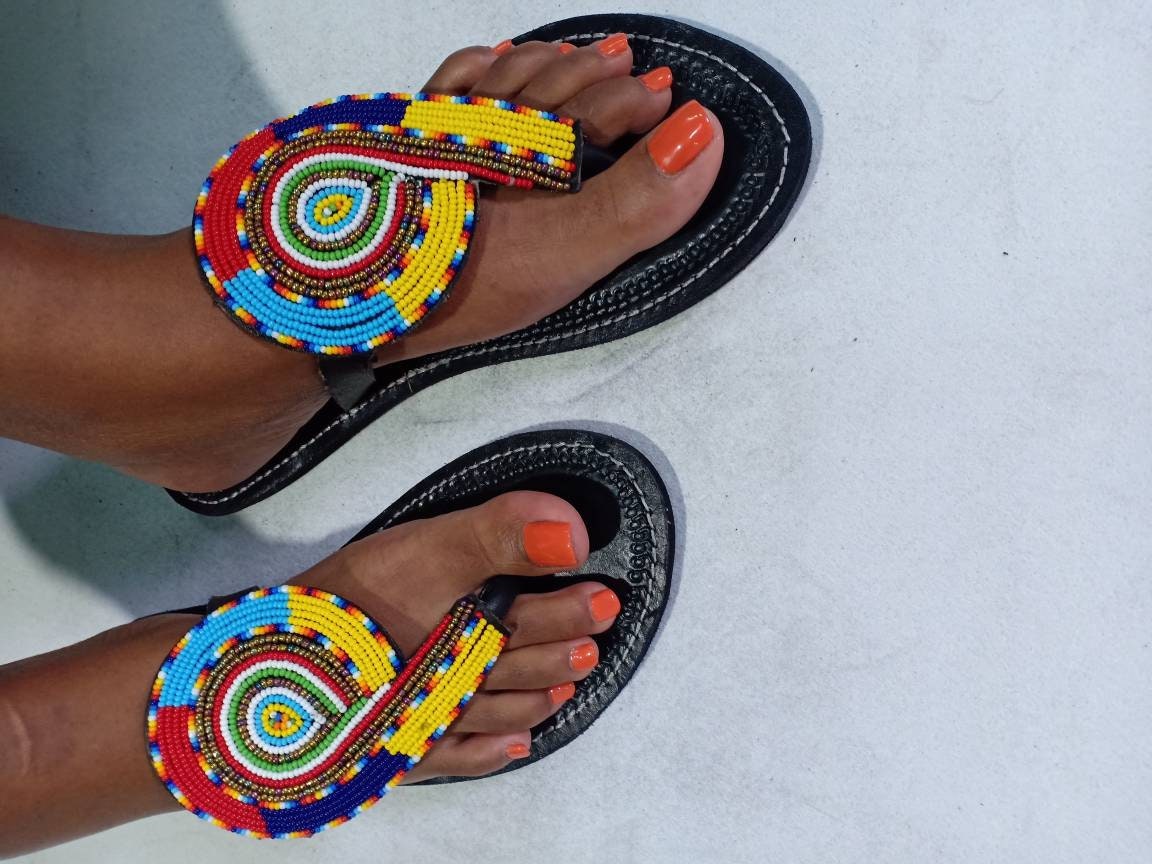 Handmade African Beaded Sandals/Authentic Maasai-Style Leather Flip-Flops Women/Boho Beach Sandals/Comfortable Summer Sandal African Gifts