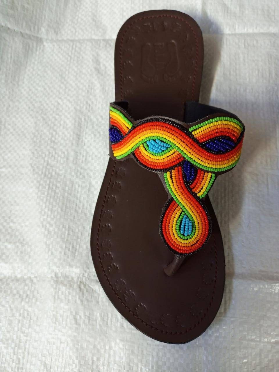 Handmade African Beaded Sandals/Authentic Maasai-Style Leather Flip-Flops Women/Boho Beach Sandals/Comfortable Summer Sandal African Gifts