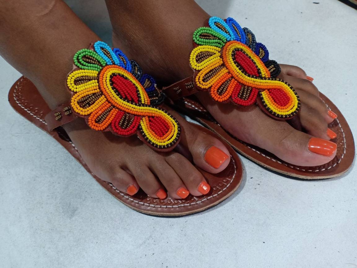 Handmade African Beaded Sandals/Authentic Maasai-Style Leather Flip-Flops Women/Boho Beach Sandals/Comfortable Summer Sandal African Gifts
