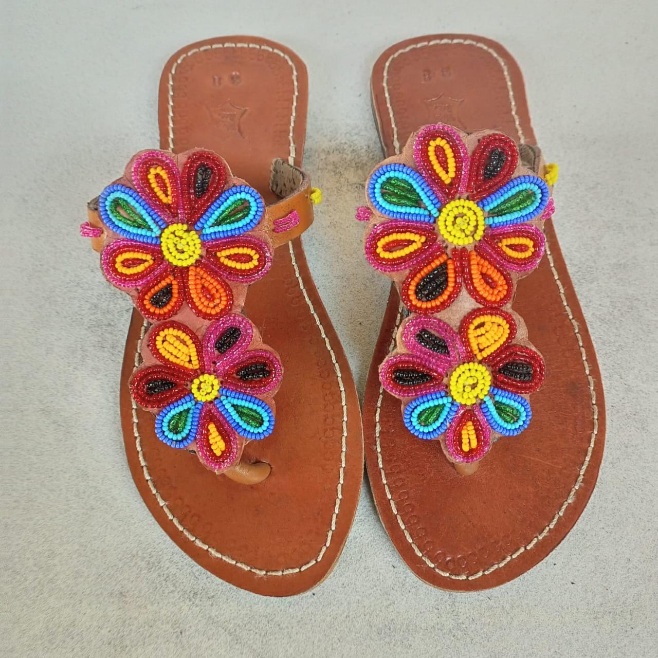Handmade African Beaded Sandals/Authentic Maasai-Style Leather Flip-Flops Women/Boho Beach Sandals/Comfortable Summer Sandal African Gifts
