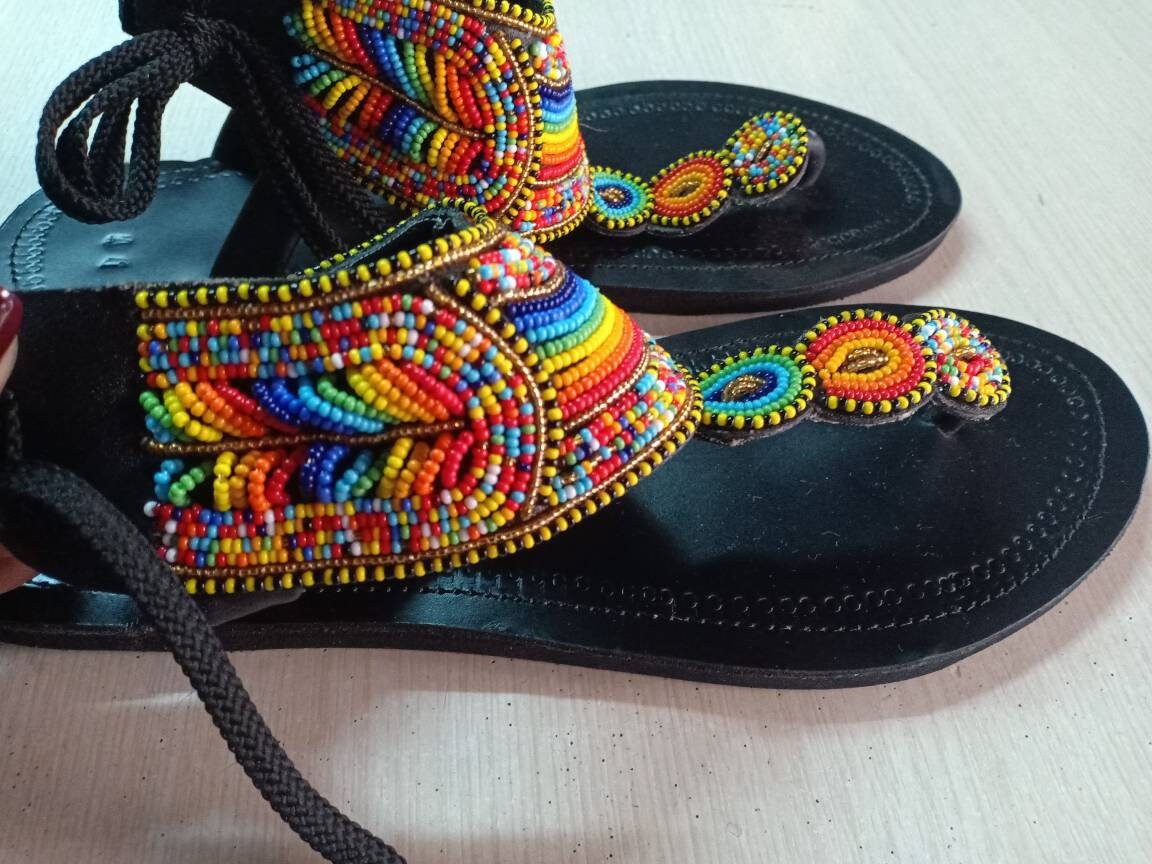 Handmade African Beaded Sandals/Authentic Maasai-Style Leather Flip-Flops Women/Boho Beach Sandals/Comfortable Summer Sandal African Gifts
