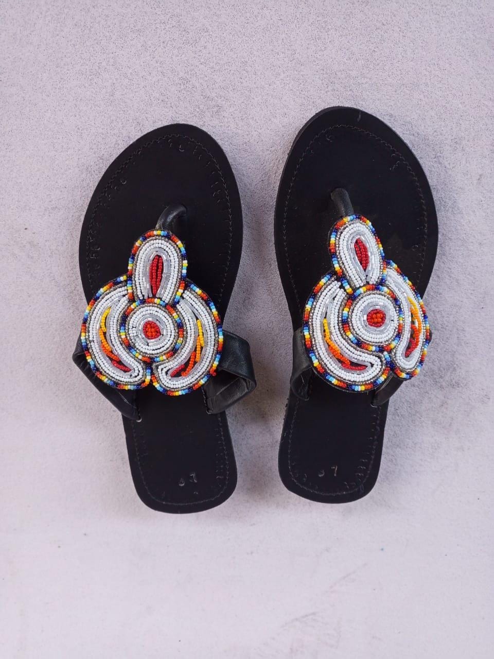 Handmade African Beaded Sandals/Authentic Maasai-Style Leather Flip-Flops Women/Boho Beach Sandals/Comfortable Summer Sandal African Gifts