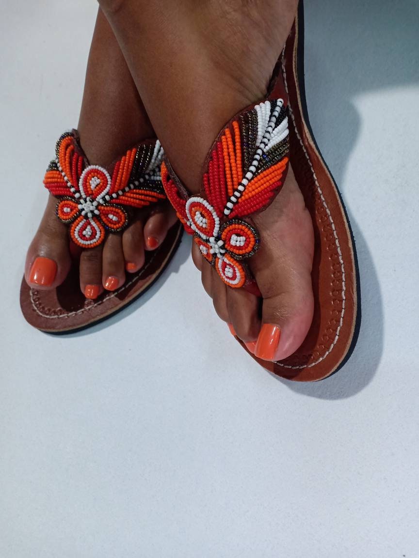 Handmade African Beaded Sandals/Authentic Maasai-Style Leather Flip-Flops Women/Boho Beach Sandals/Comfortable Summer Sandal African Gifts