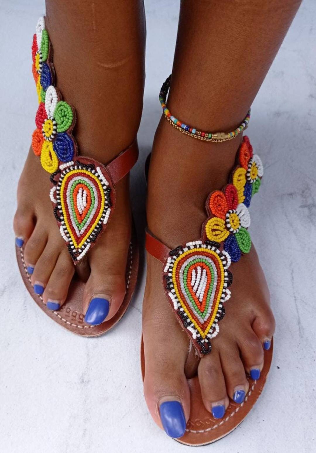 Handmade African Beaded Sandals/Authentic Maasai-Style Leather Flip-Flops Women/Boho Beach Sandals/Comfortable Summer Sandal African Gifts
